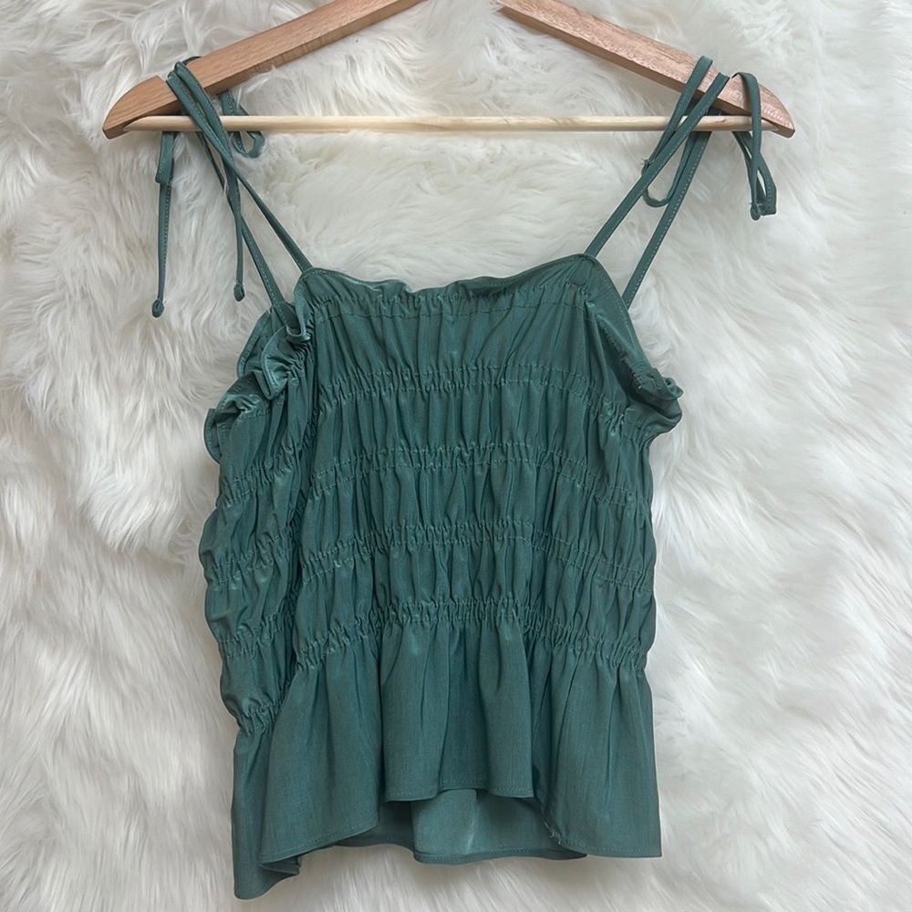 Zara green silky tie strap smocked cropped tank top